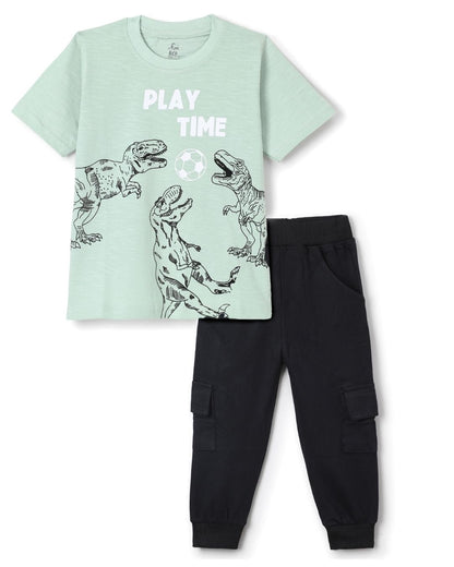 Dinosaur Printed Premium Cotton Half Sleeves Green T-Shirt with Black Jogger for Boys