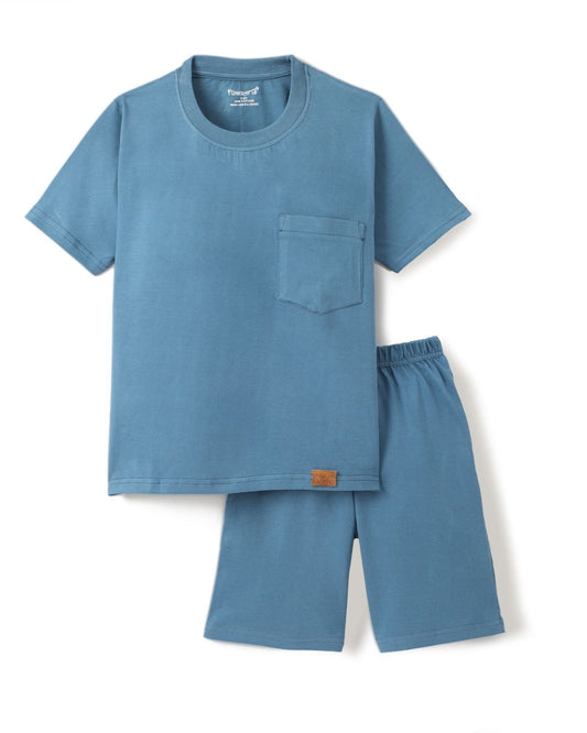 Blue Premium Cotton Half Sleeves Solid T-Shirt & Shorts Set for Boys