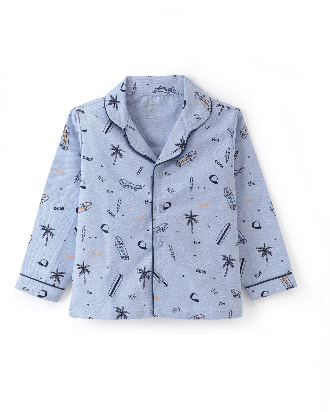 Blue Premium Cotton Full Sleeves Graphic Printed Collar Style Nightsuit for Boys & Girls