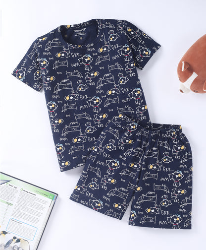 Blue & Black Pure Cotton Half Sleeves Car & Puppy Printed Shorts Set for Boys - Pack of 2