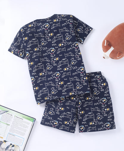 Blue & Black Pure Cotton Half Sleeves Car & Puppy Printed Shorts Set for Boys - Pack of 2