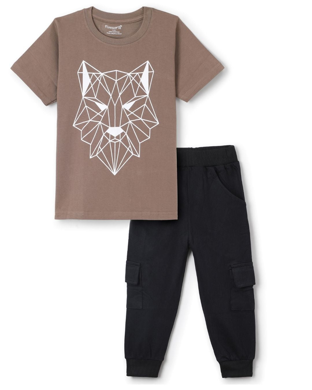 Tiger Printed Premium Cotton Half Sleeves Brown T-Shirt with Black Jogger for Boys