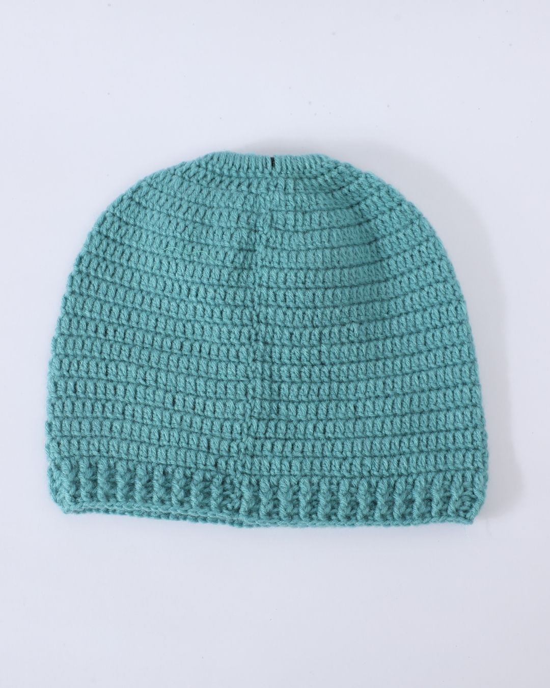 Green Self Design Beanie Bow Handmade Knitted Woollen Cap for Girls