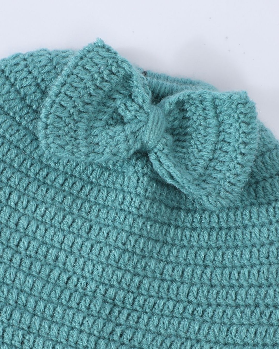 Green Self Design Beanie Bow Handmade Knitted Woollen Cap for Girls