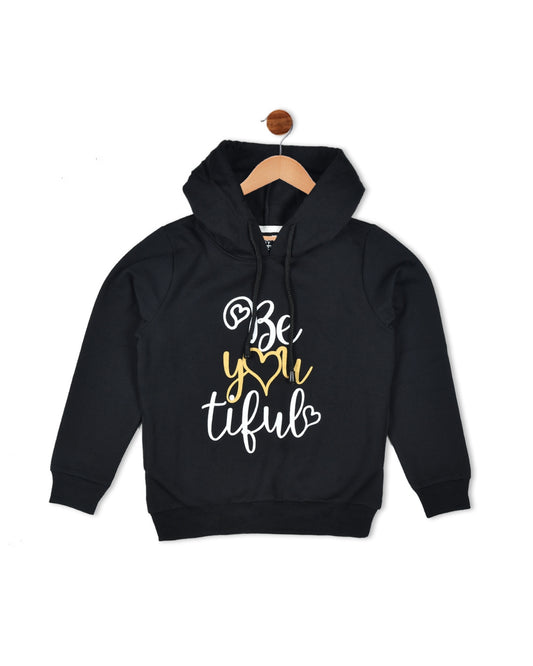 Black Typographic Printed Hoodie for Girls