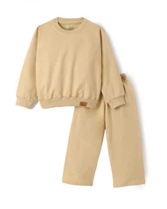 Beige Premium Cotton Full Sleeves Solid Co-ord Set for Girls