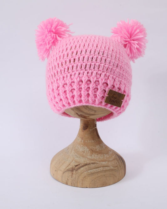 Pink Self Design Beanie Handmade Knitted Woollen Cap for Girls