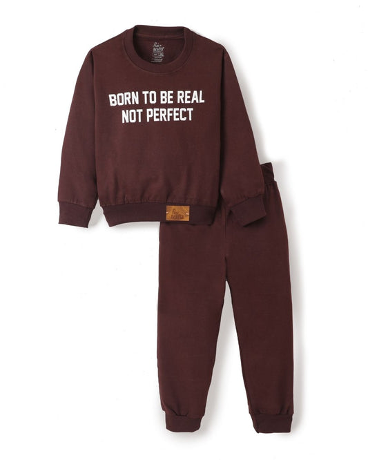 Maroon Premium Cotton Full Sleeves Typographic Printed Co-ord Set for Boys & Girls