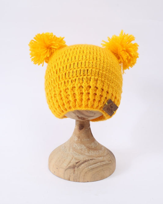 Yellow Self Design Beanie Handmade Knitted Woollen Cap for Girls & Boys