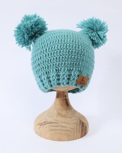 Green Self Design Beanie Handmade Knitted Woollen Cap for Girls & Boys