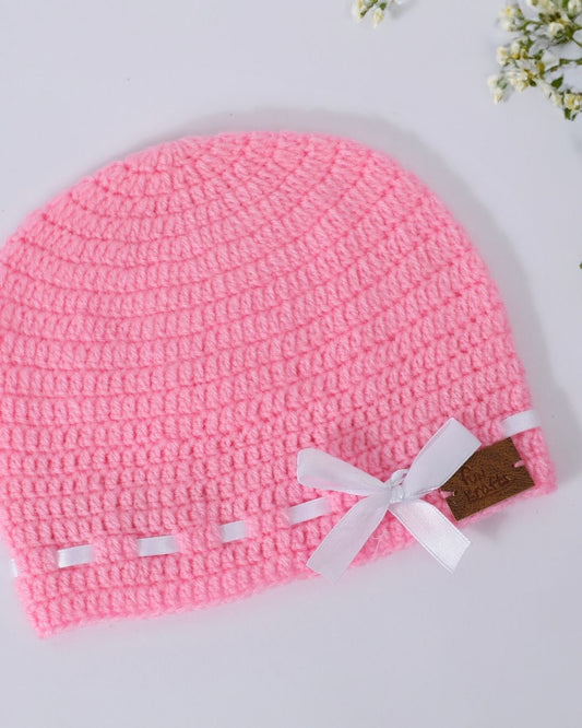 Pink Self Design Beanie Handmade Knitted Woollen Cap for Girls