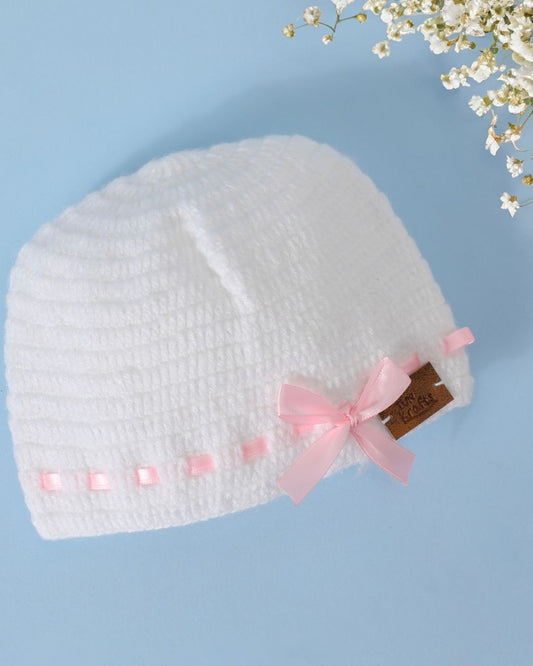 White Self Design Beanie Handmade Knitted Woollen Cap for Kids