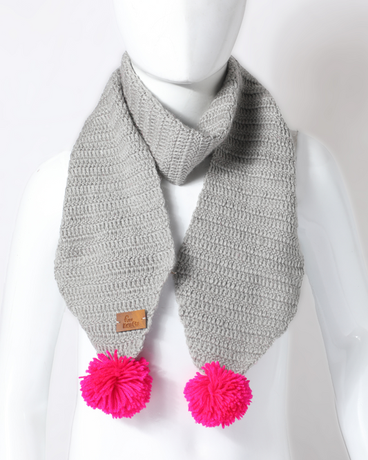 Grey & Pink Handmade Woollen Hand Knitted Muffler With Pom Pom for Girls