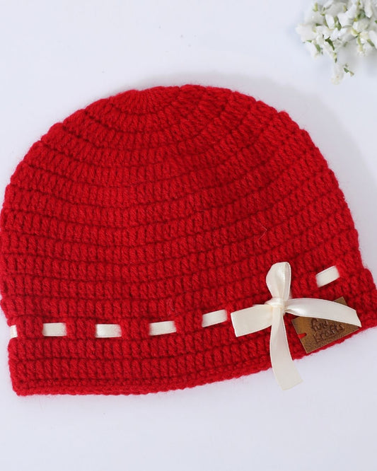 Red Self Design Beanie Handmade Knitted Woollen Cap for Girls & Boys