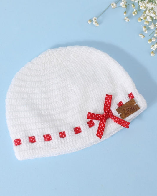 White Self Design Beanie Handmade Knitted Woollen Cap for Girls & Boys