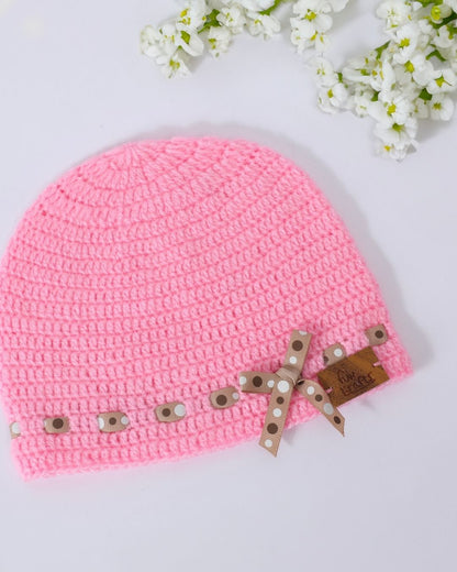 Pink Self Design Beanie Handmade Knitted Woollen Cap for Girls