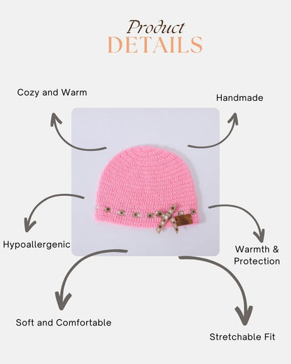 Pink Self Design Beanie Handmade Knitted Woollen Cap for Girls