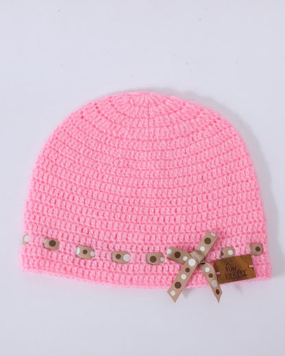 Pink Self Design Beanie Handmade Knitted Woollen Cap for Girls