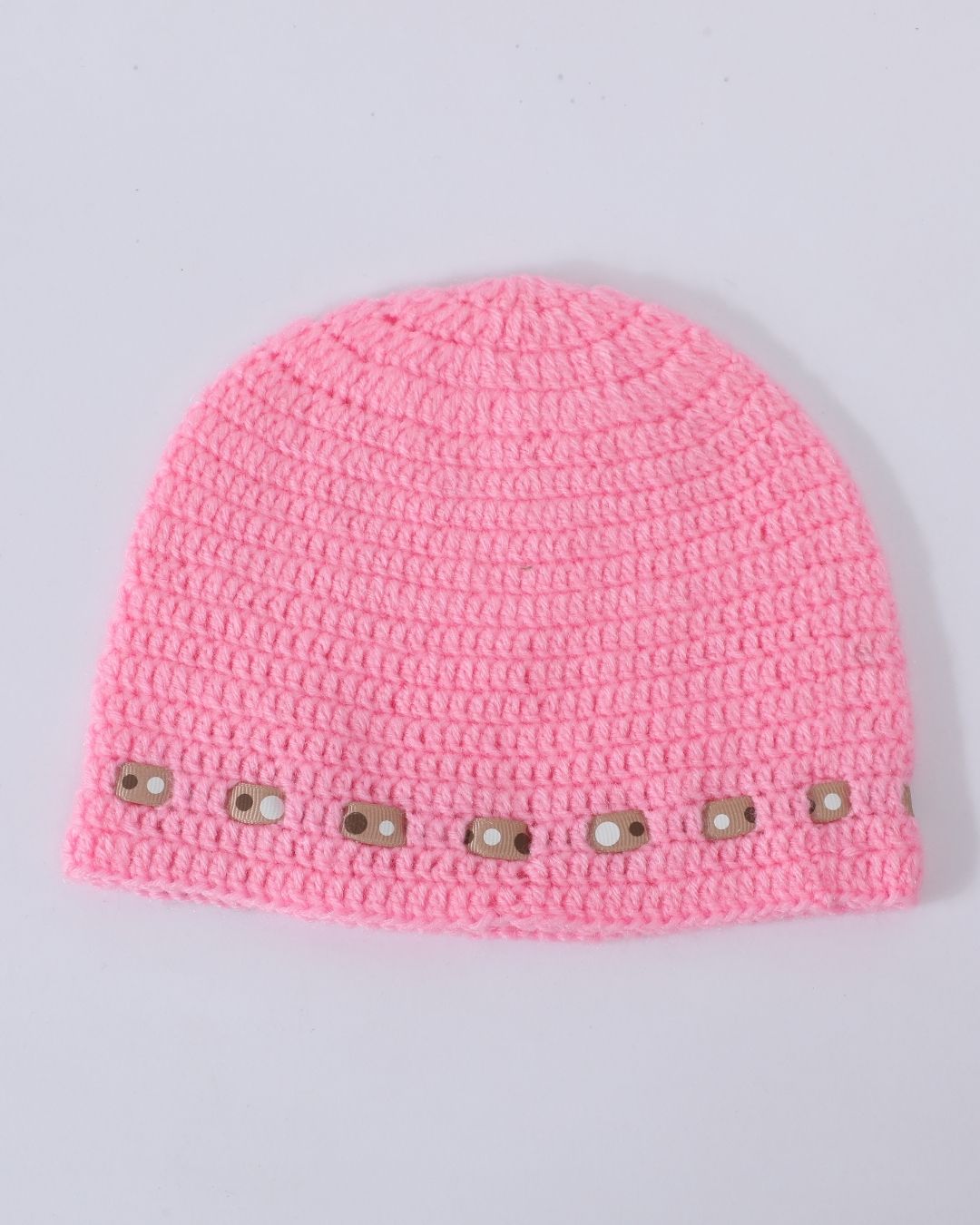 Pink Self Design Beanie Handmade Knitted Woollen Cap for Girls