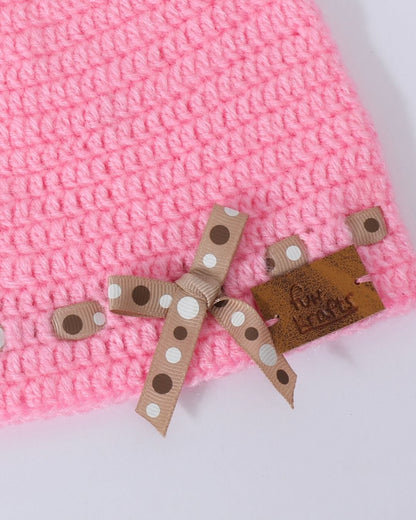 Pink Self Design Beanie Handmade Knitted Woollen Cap for Girls