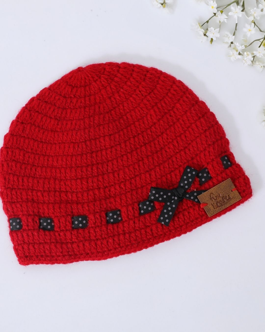 Red Self Design Beanie Handmade Knitted Woollen Cap for Kids