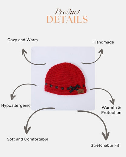 Red Self Design Beanie Handmade Knitted Woollen Cap for Kids