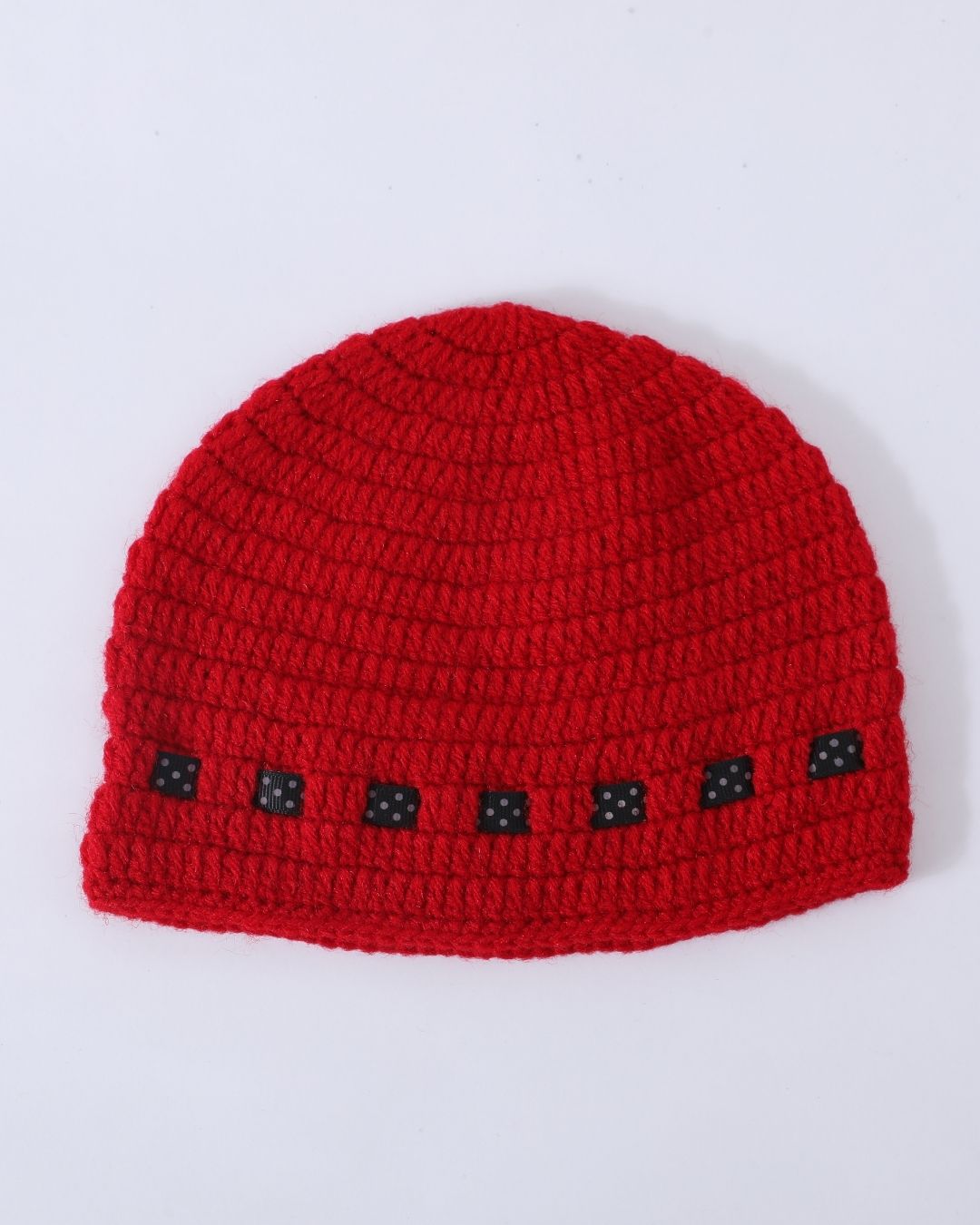 Red Self Design Beanie Handmade Knitted Woollen Cap for Kids