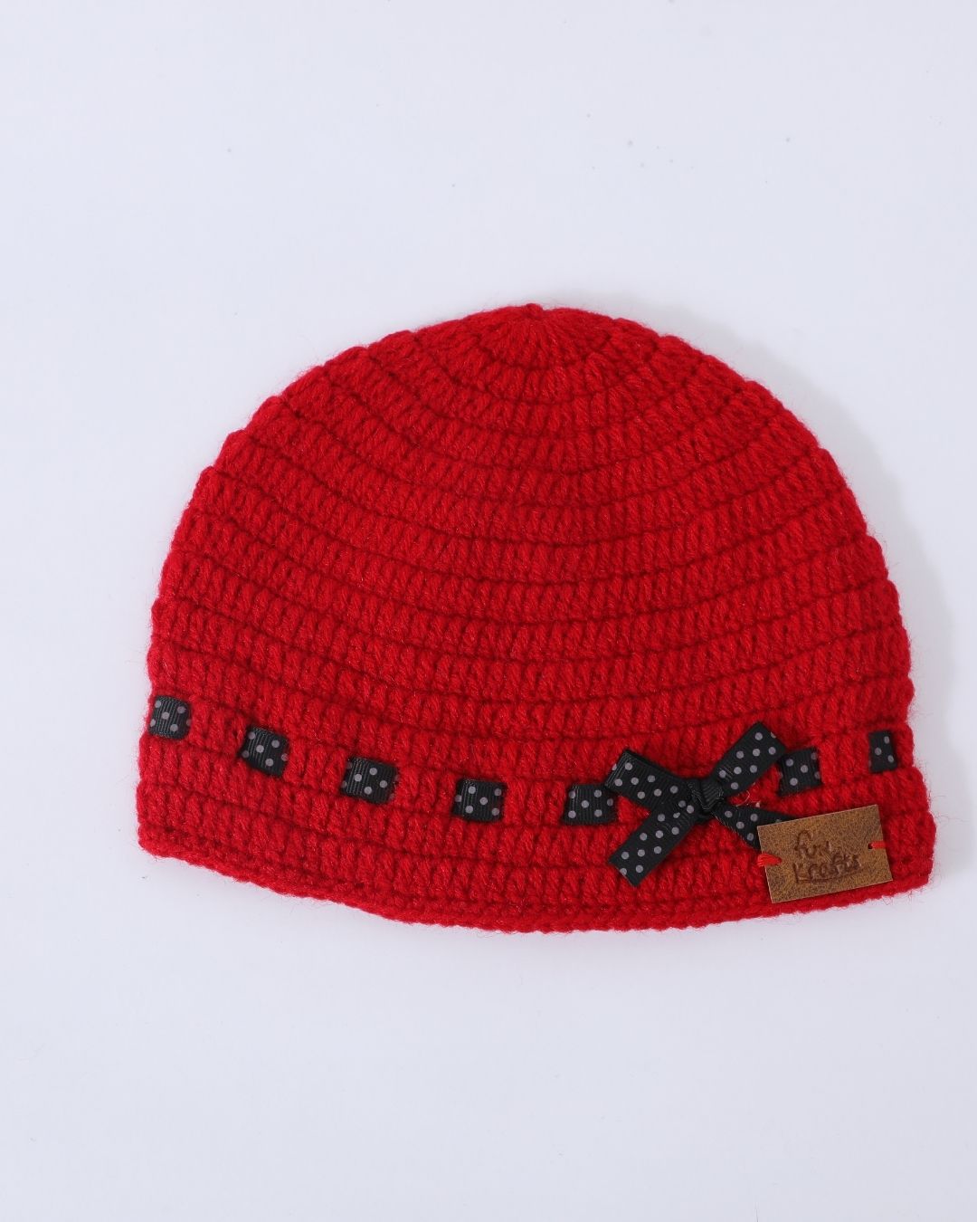 Red Self Design Beanie Handmade Knitted Woollen Cap for Kids