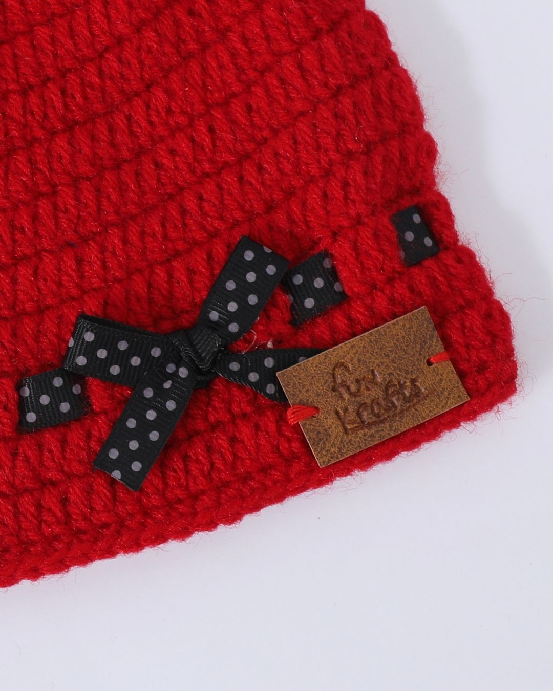 Red Self Design Beanie Handmade Knitted Woollen Cap for Kids