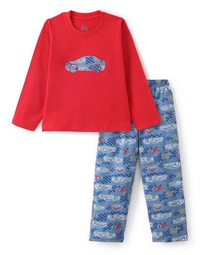 Car Printed Premium Cotton Full Sleeves Red T-Shirt with Blue Pyjama for Boys