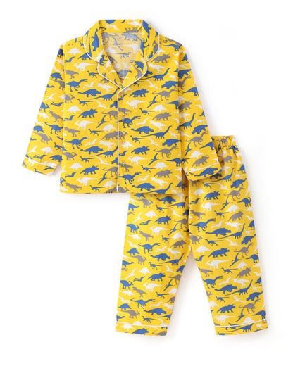 Yellow Premium Cotton Full Sleeves Dinosaur Printed Collar Style Nightsuit for Kids