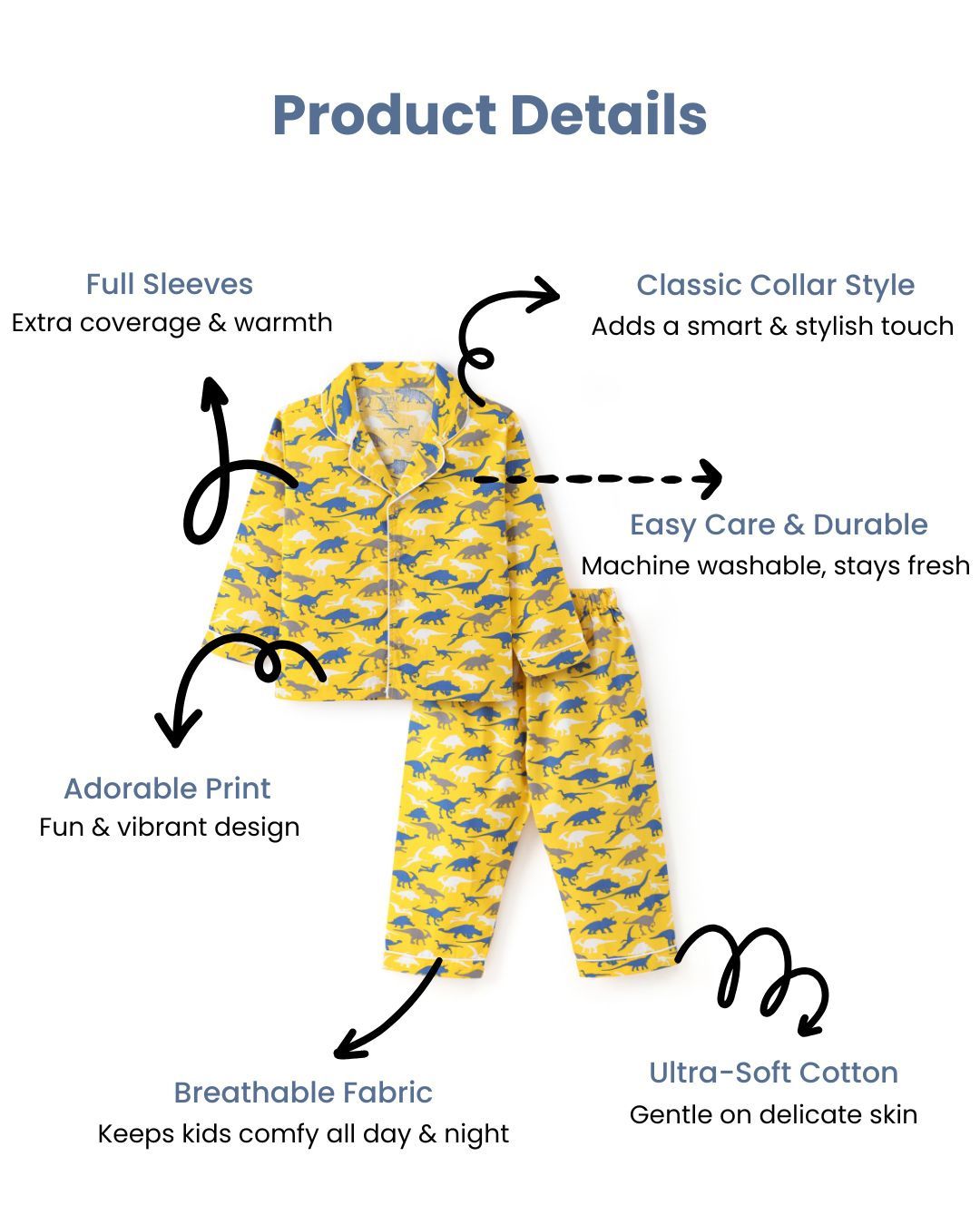 Yellow Premium Cotton Full Sleeves Dinosaur Printed Collar Style Nightsuit for Kids