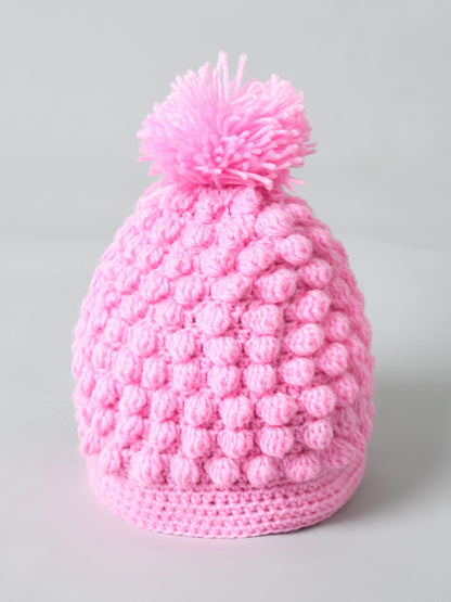 Pack of 2 White & Pink Woolen Pom Pom Cap for Kids