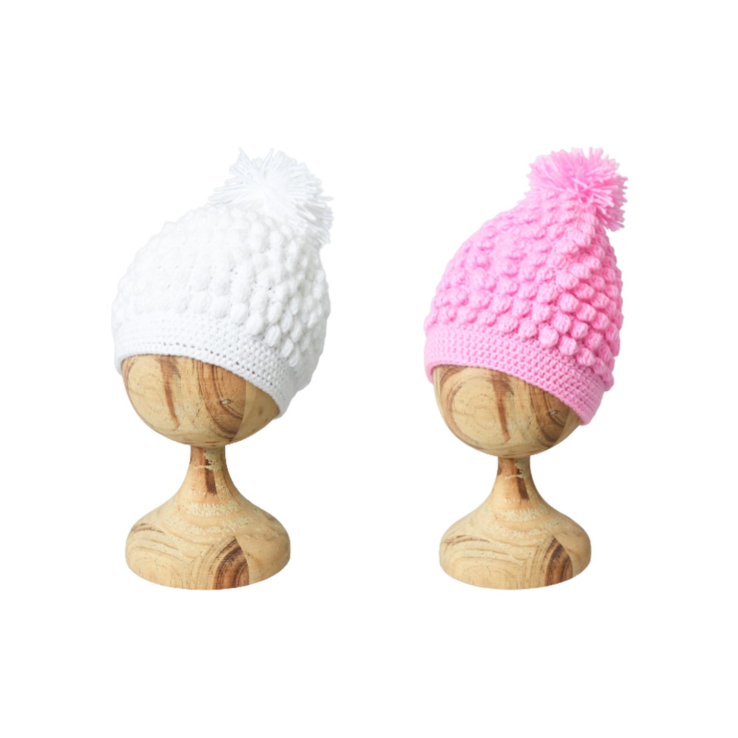 Pack of 2 White & Pink Woolen Pom Pom Cap for Kids