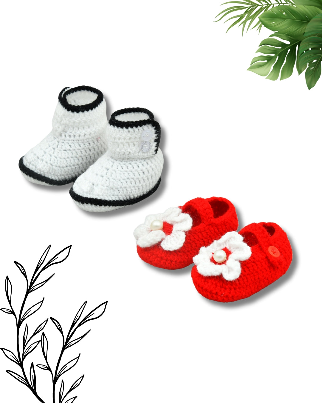 Pack of 2 White & Red Handmade Woollen Crochet Baby Booties for Girls