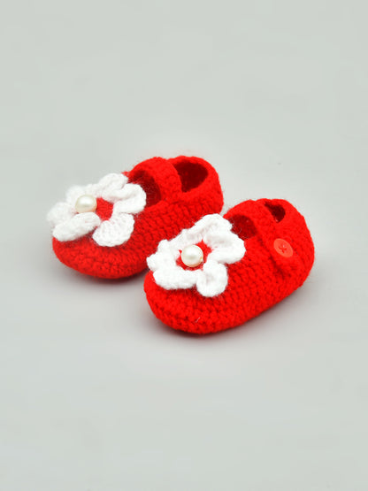 Pack of 2 White & Red Handmade Woollen Crochet Baby Booties for Girls