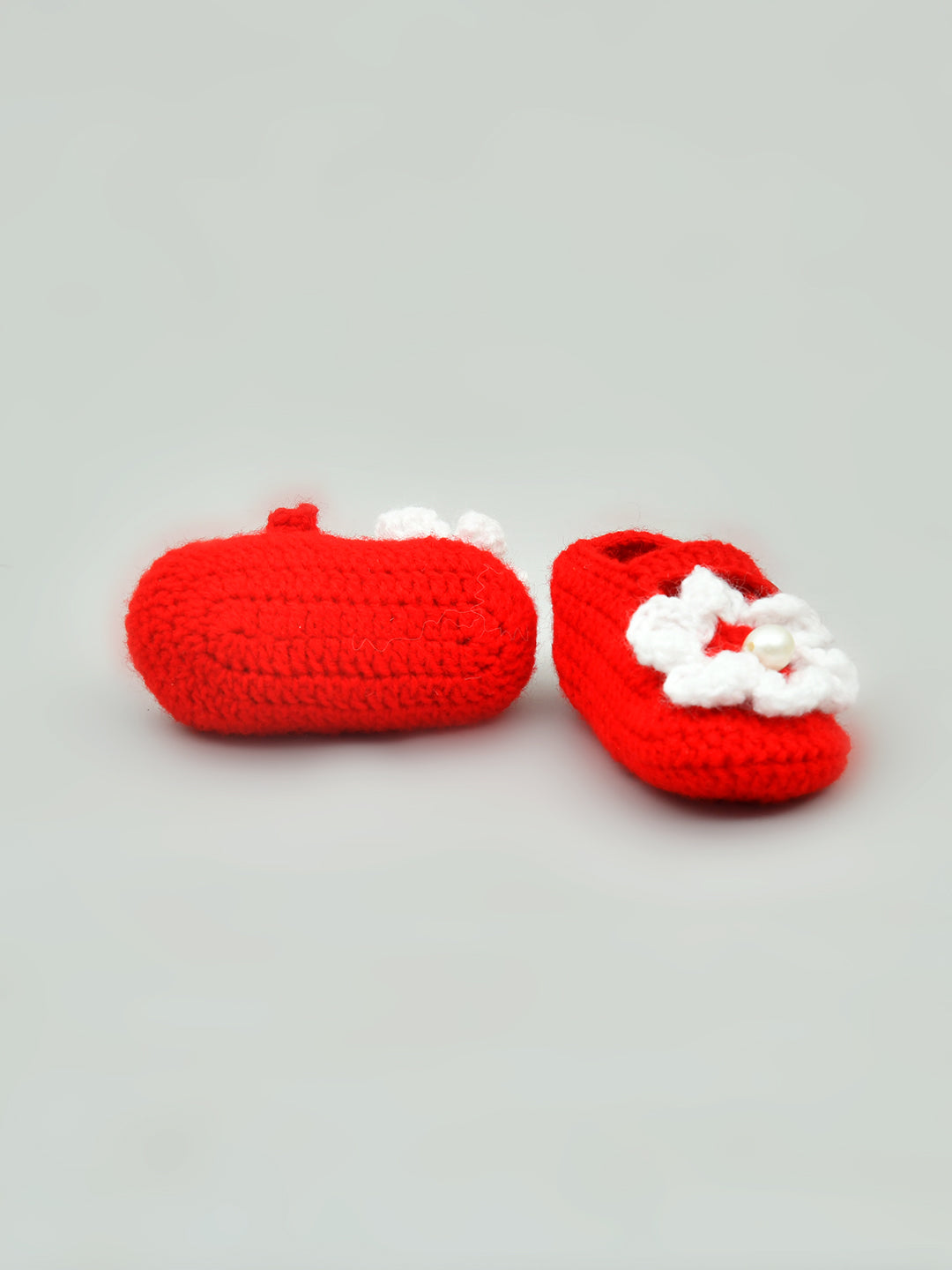 Pack of 2 White & Red Handmade Woollen Crochet Baby Booties for Girls