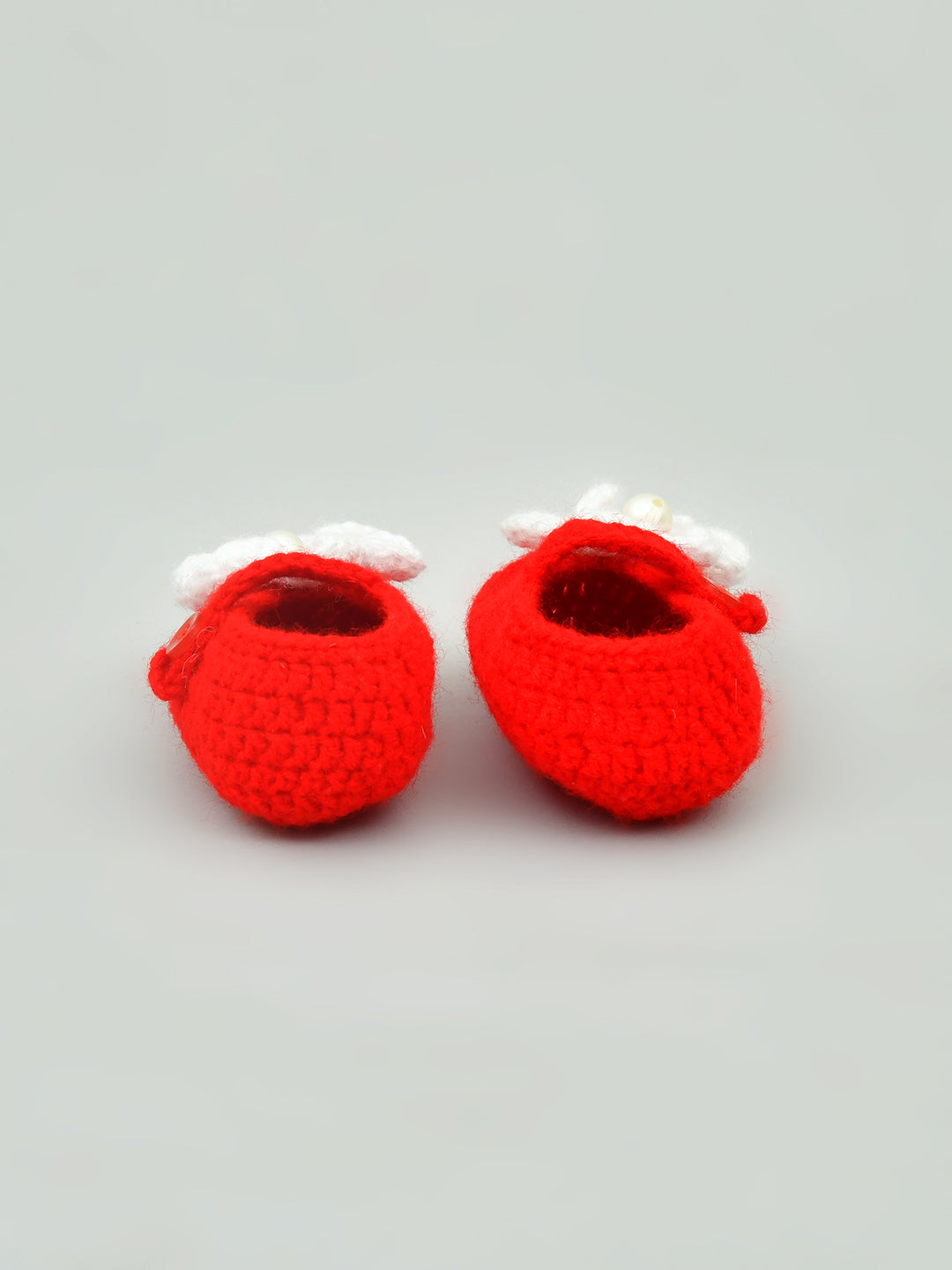 Pack of 2 White & Red Handmade Woollen Crochet Baby Booties for Girls