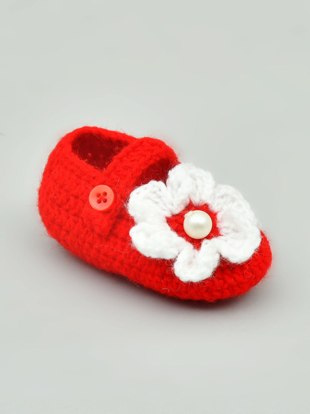 Pack of 2 White & Red Handmade Woollen Crochet Baby Booties for Girls