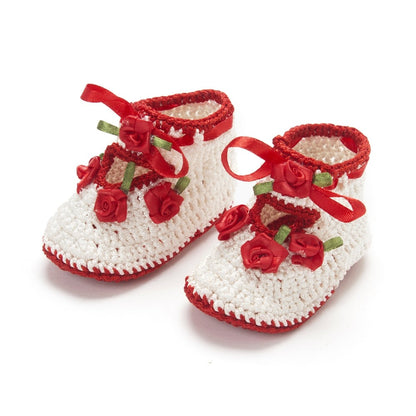 Pack of 2 White & Red Handmade Crochet Baby Booties for Girls