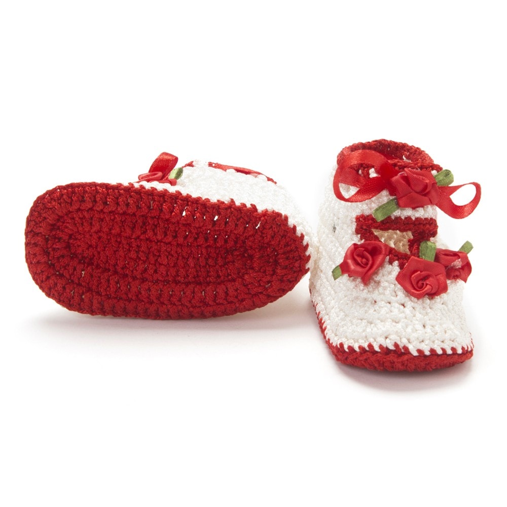 Pack of 2 White & Red Handmade Crochet Baby Booties for Girls