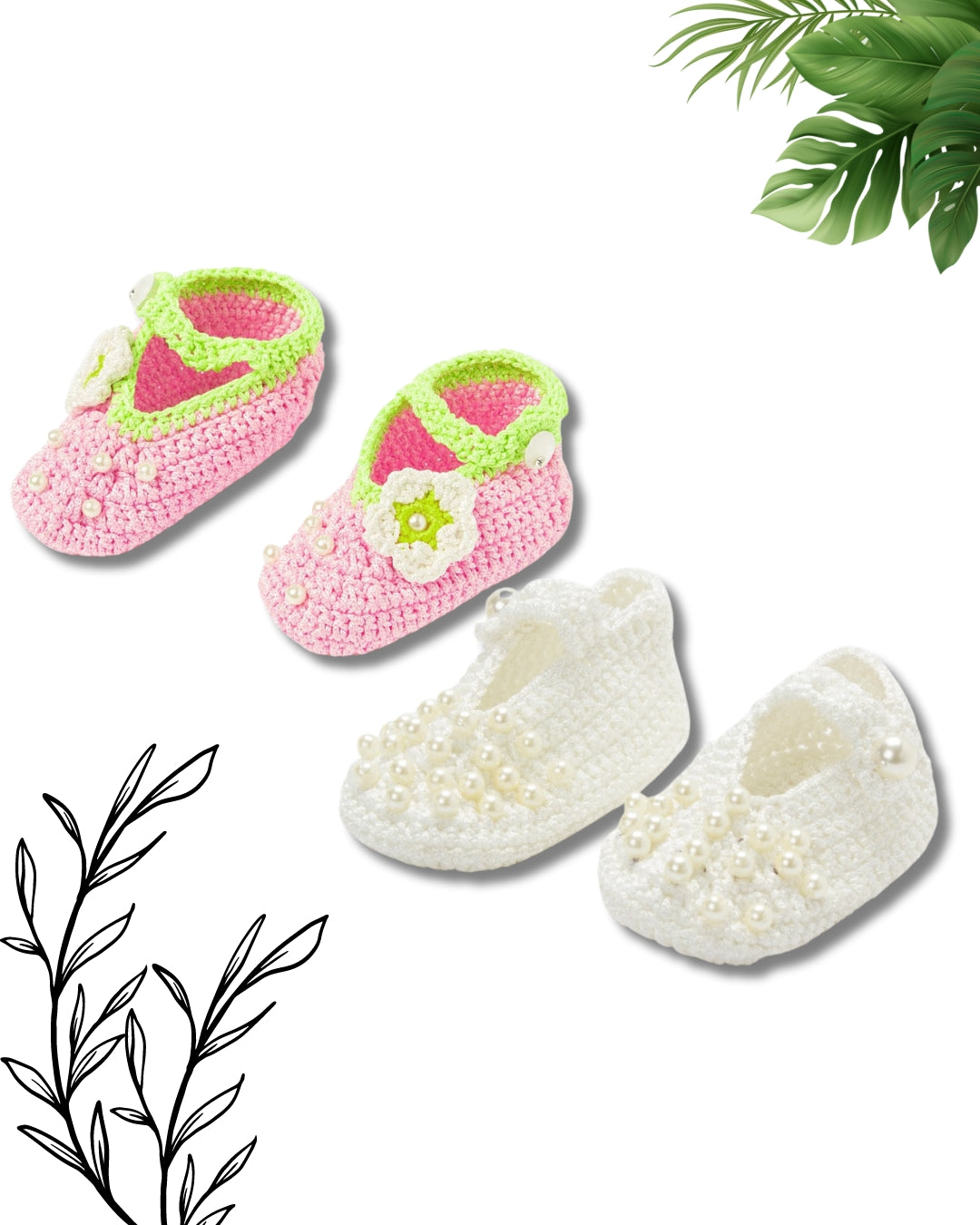 Pack of 2 Off White & Pink Handmade Crochet Baby Booties for Girls