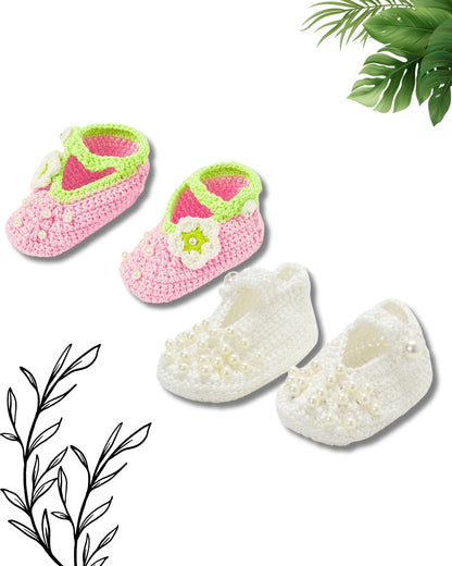 Pack of 2 Off White & Pink Handmade Crochet Baby Booties for Girls