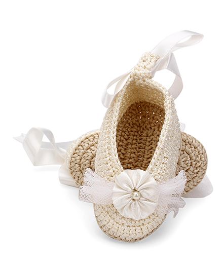 Pack of 2 Off White Handmade Crochet Baby Booties for Girls