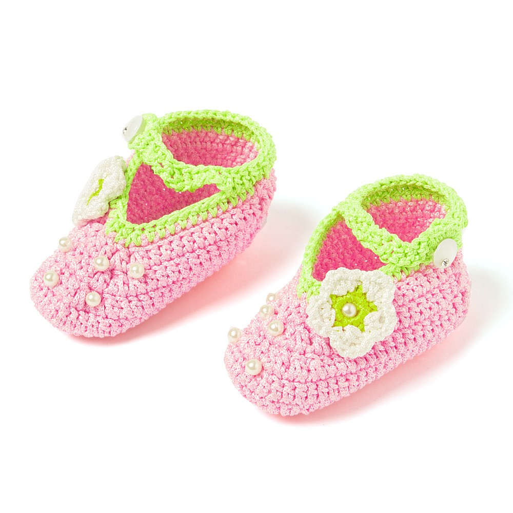 Pack of 2 Off White & Pink Handmade Crochet Baby Booties for Girls