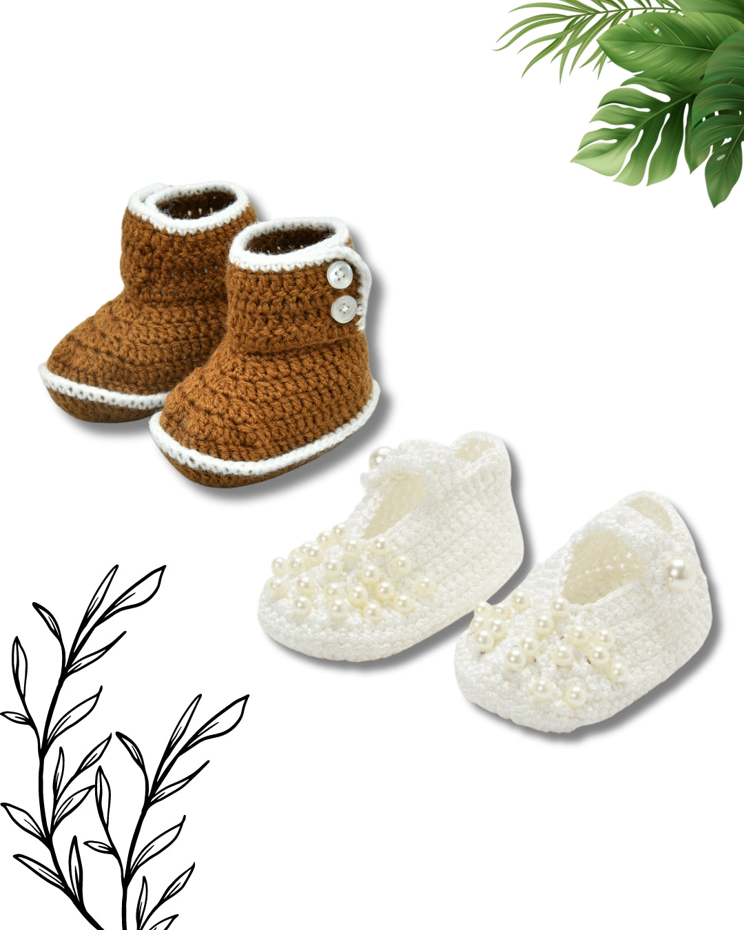 Pack of 2 Brown & White Handmade Crochet Baby Booties for Girls