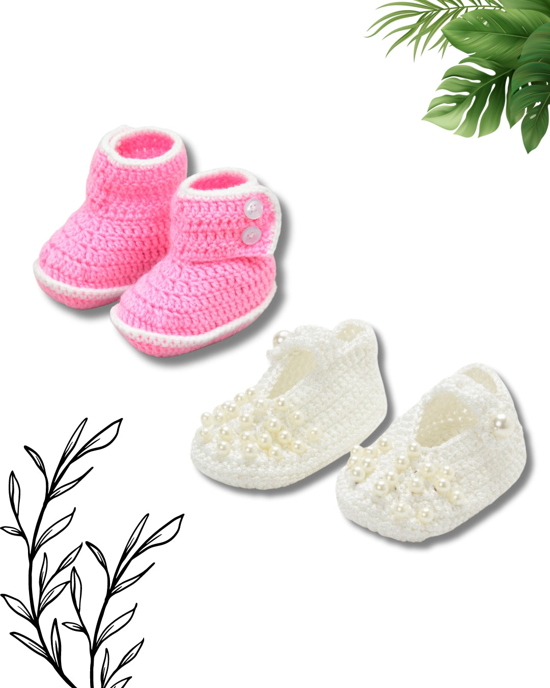 Pack of 2 Pink & White Handmade Crochet Baby Booties for Girls