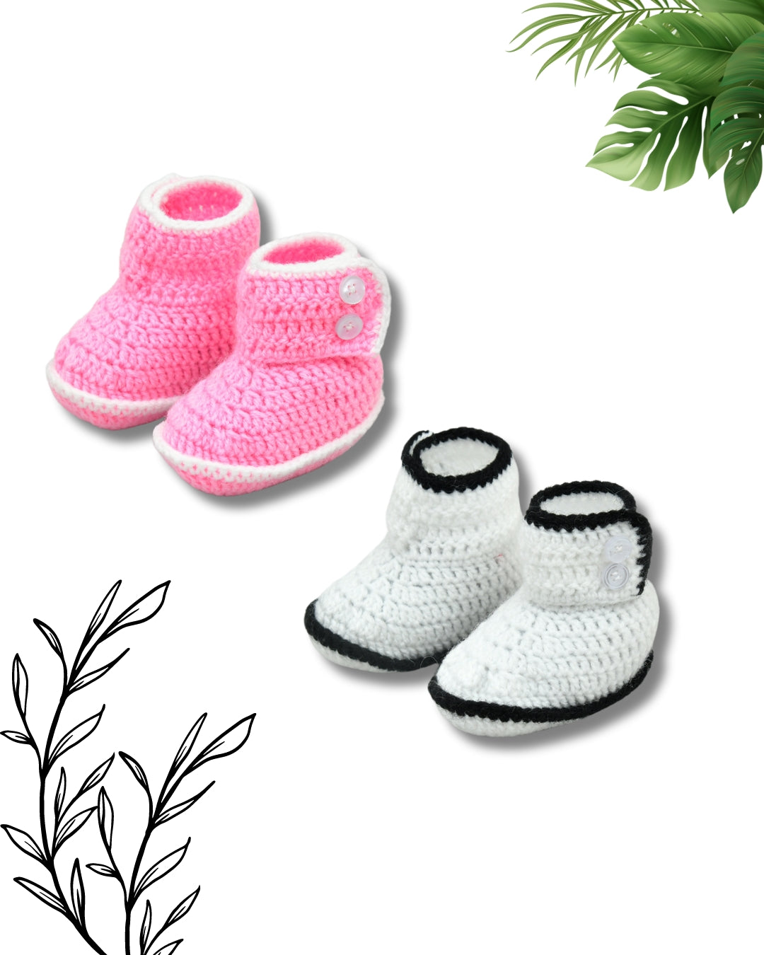 Pack of 2 Pink & White Handmade Woollen Crochet Baby Booties for Girls