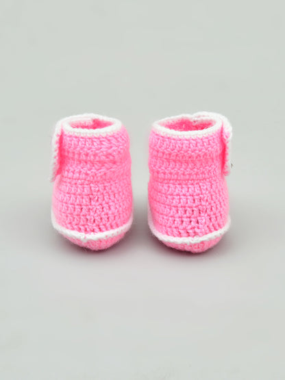 Pack of 2 Pink & White Handmade Woollen Crochet Baby Booties for Girls