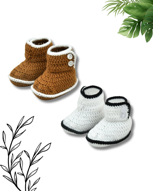 Pack of 2 Brown & White Handmade Woollen Crochet Baby Booties for Girls